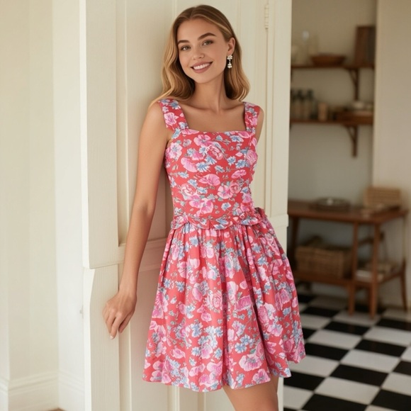 Laura Ashley Vtg 90s Floral Bow Dress Size 10 Pink Red Cotton Crinoline Skirt - Picture 1 of 14